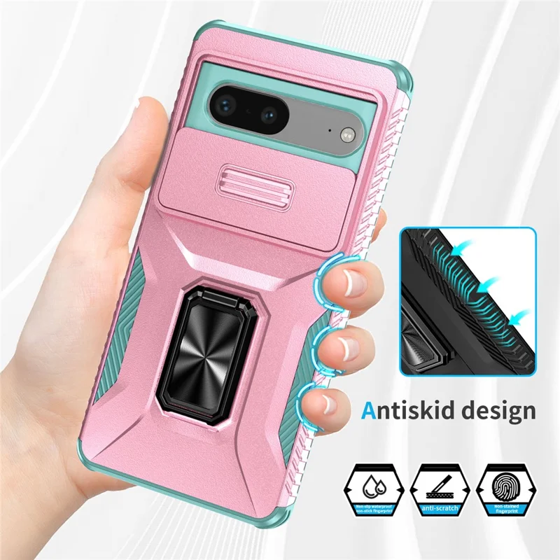 For Google Pixel 7 5G Phone Case with Slide Camera Lens Cover Ring Kickstand Holder - Pink+Cyan
