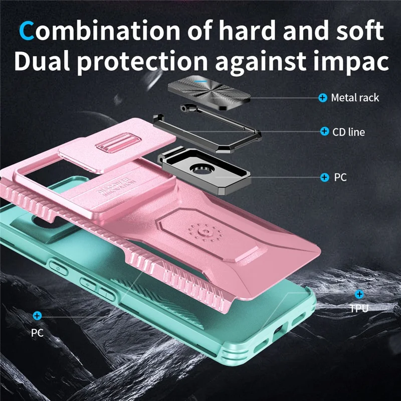 For Google Pixel 7 5G Phone Case with Slide Camera Lens Cover Ring Kickstand Holder - Pink+Cyan