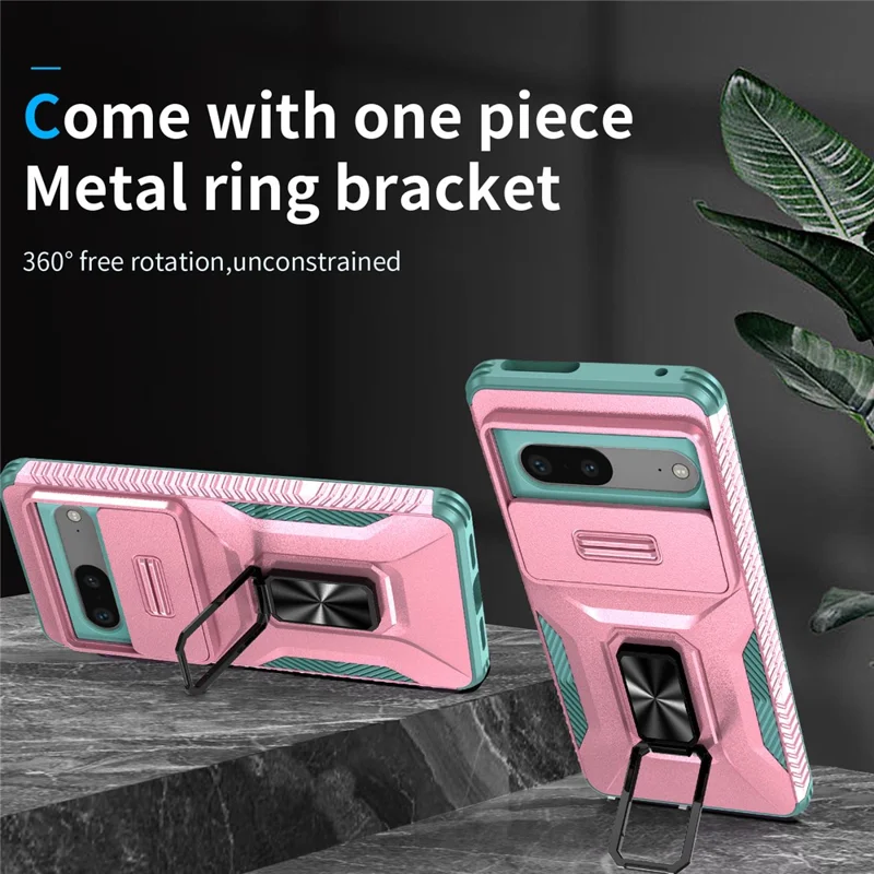 For Google Pixel 7 5G Phone Case with Slide Camera Lens Cover Ring Kickstand Holder - Pink+Cyan