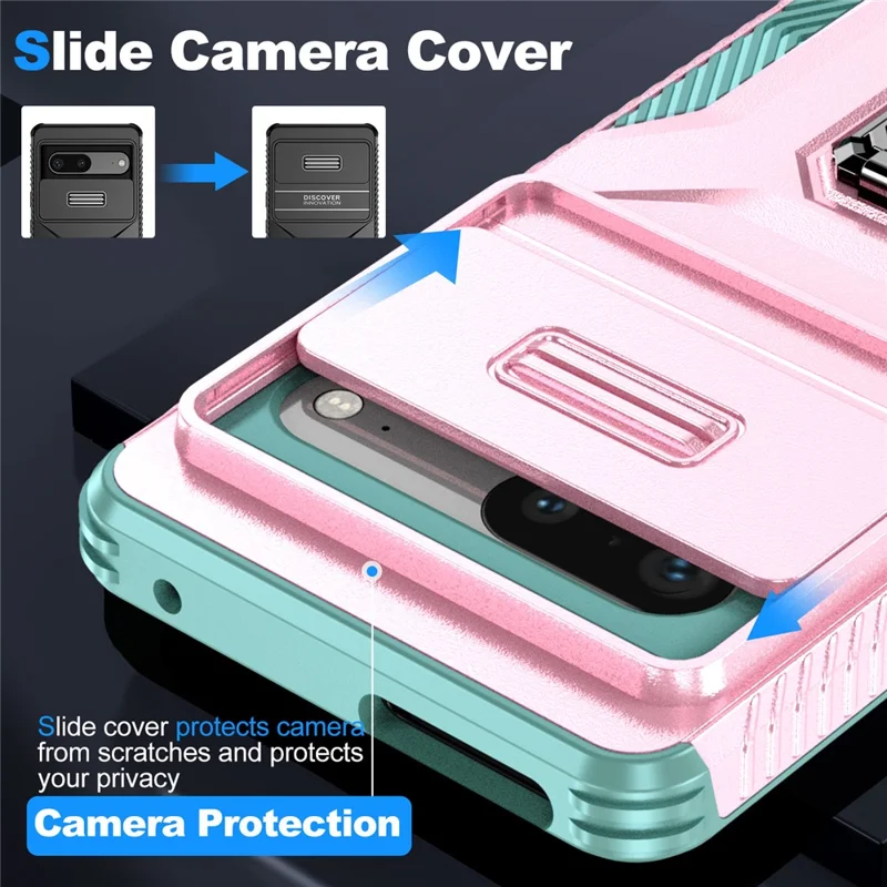 For Google Pixel 7 5G Phone Case with Slide Camera Lens Cover Ring Kickstand Holder - Pink+Cyan