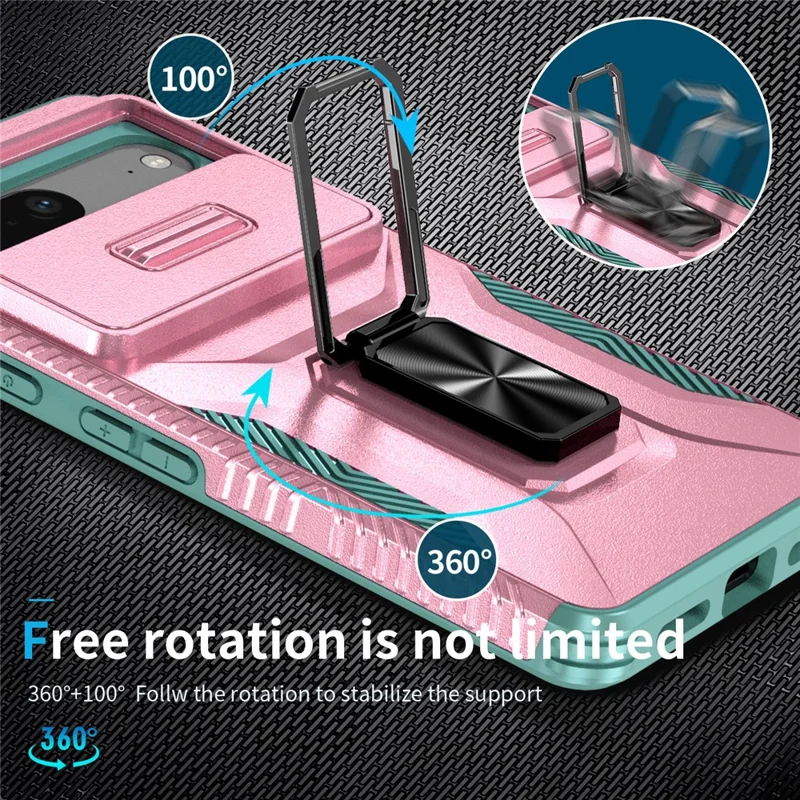 For Google Pixel 7 5G Phone Case with Slide Camera Lens Cover Ring Kickstand Holder - Pink+Cyan