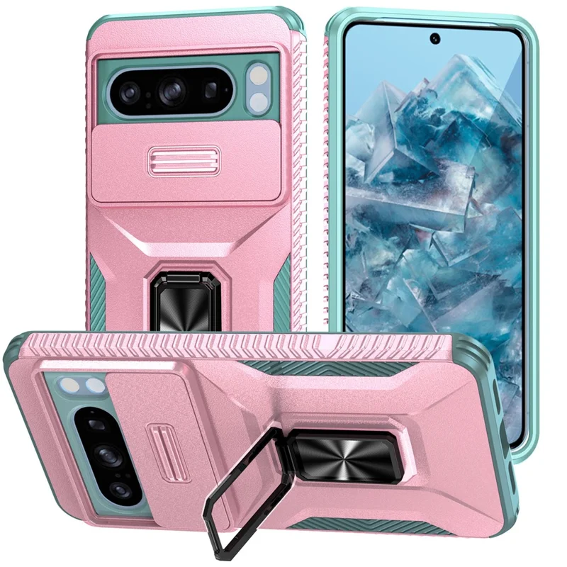 For Google Pixel 8 Pro Camera Protection Phone Case Kickstand Protective Cover - Pink+Cyan