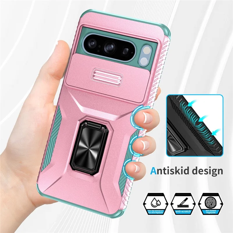 For Google Pixel 8 Pro Camera Protection Phone Case Kickstand Protective Cover - Pink+Cyan