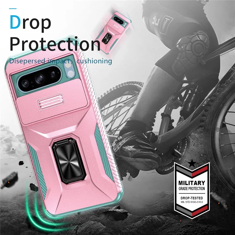 For Google Pixel 8 Pro Camera Protection Phone Case Kickstand Protective Cover - Pink+Cyan
