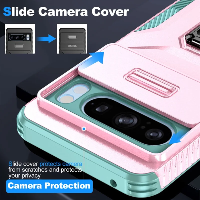 For Google Pixel 8 Pro Camera Protection Phone Case Kickstand Protective Cover - Pink+Cyan