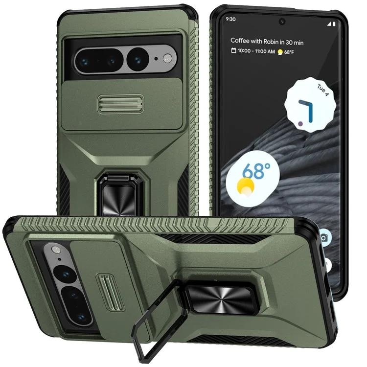 Чехол для Google Pixel 7 Pro 5G, TPU+PC, защита объектива с подставкой - зеленый