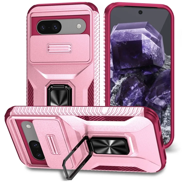 For Google Pixel 8a Case Shockproof Slide Lens Protection Kickstand Phone Back Cover - Pink+Rose