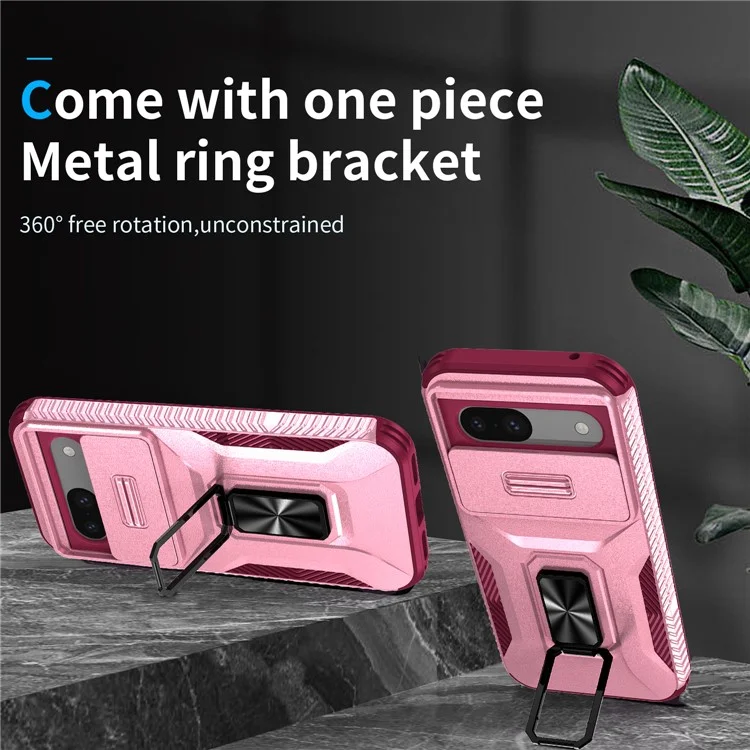 For Google Pixel 8a Case Shockproof Slide Lens Protection Kickstand Phone Back Cover - Pink+Rose