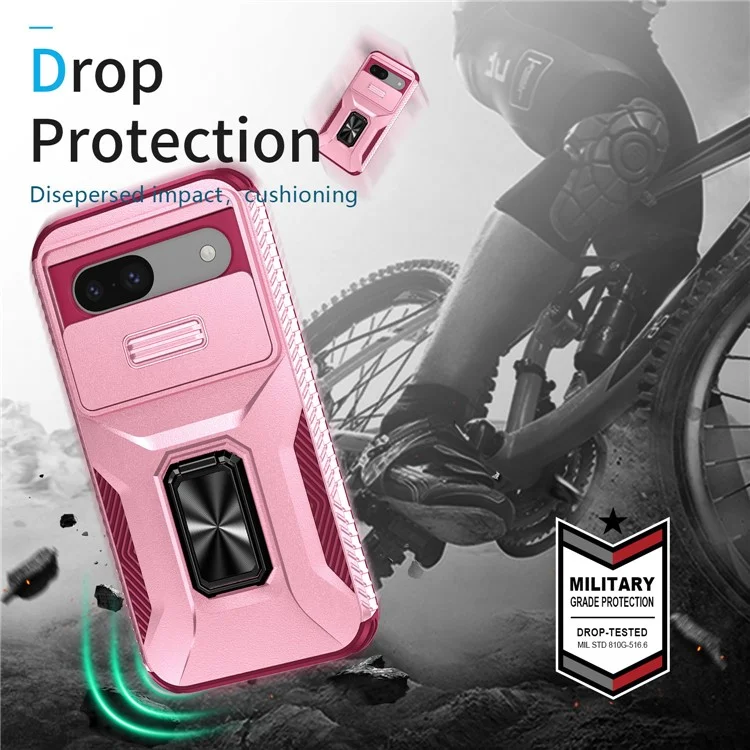 For Google Pixel 8a Case Shockproof Slide Lens Protection Kickstand Phone Back Cover - Pink+Rose