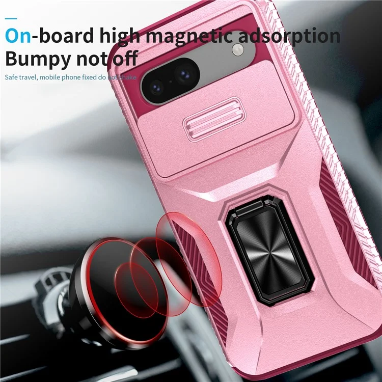 For Google Pixel 8a Case Shockproof Slide Lens Protection Kickstand Phone Back Cover - Pink+Rose