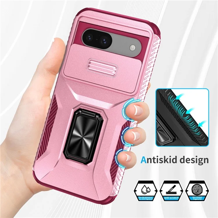 For Google Pixel 8a Case Shockproof Slide Lens Protection Kickstand Phone Back Cover - Pink+Rose