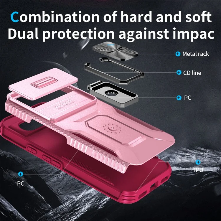 For Google Pixel 8a Case Shockproof Slide Lens Protection Kickstand Phone Back Cover - Pink+Rose