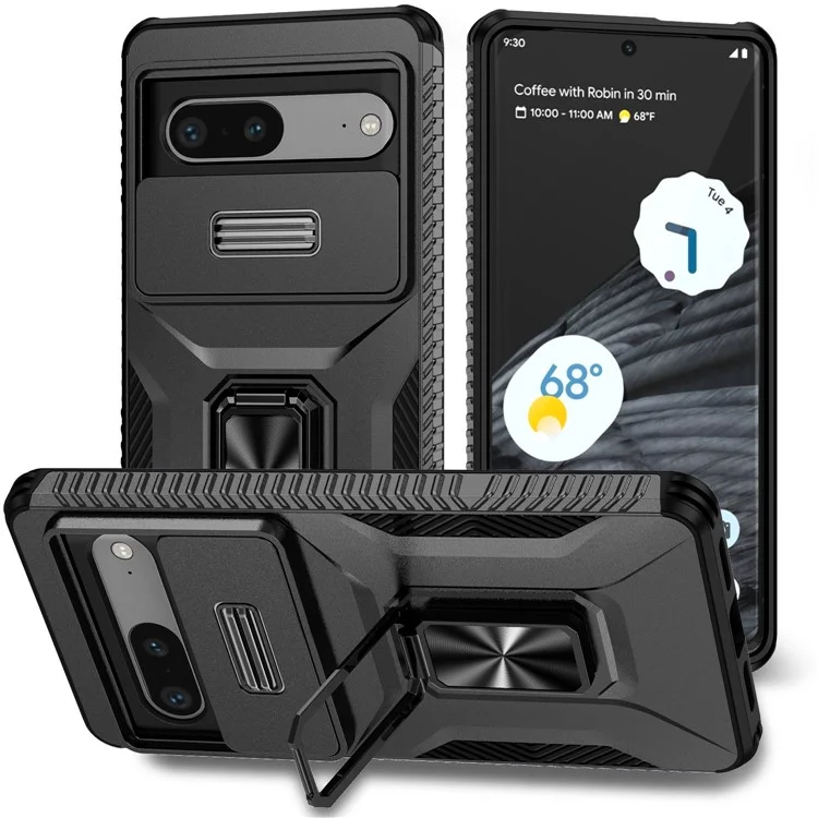 Para o Smartphone Google Pixel 7a, Capa de Celular com Suporte de Apoio, Capa PC+TPU com Suporte Magnético para Carro - Preto