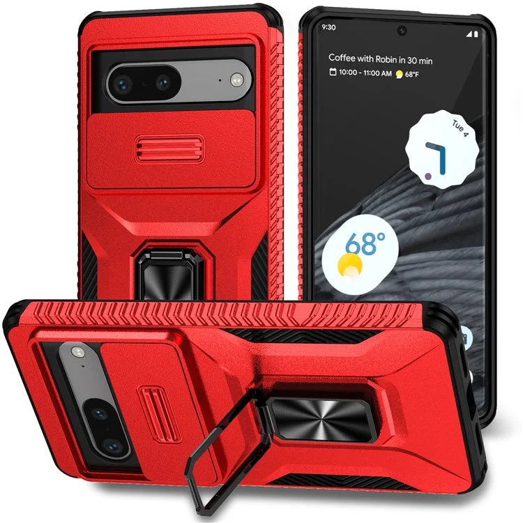 For Google Pixel 7a Cell Phone Case Kickstand PC+TPU Cover Support Magnetic Car Mount - Red