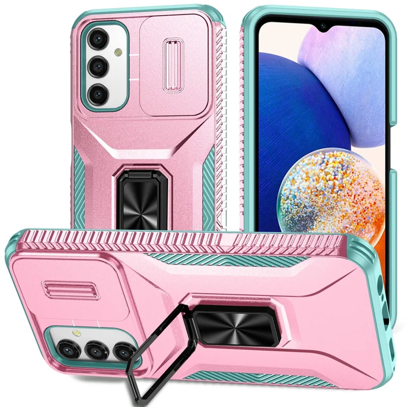 For Samsung Galaxy A15 4G Phone Case PC TPU Dual Layer Shockproof Cover Slide Lens Protection - Pink+Cyan