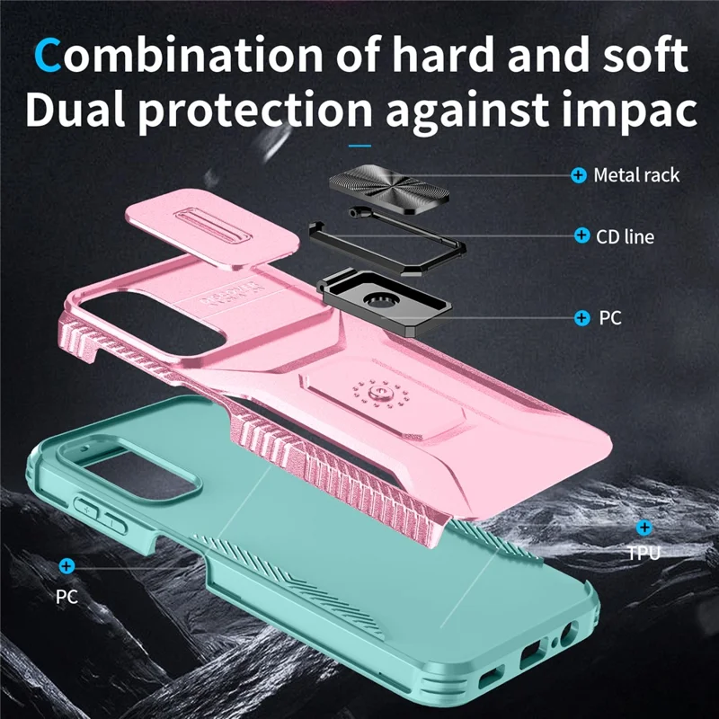 For Samsung Galaxy A15 4G Phone Case PC TPU Dual Layer Shockproof Cover Slide Lens Protection - Pink+Cyan