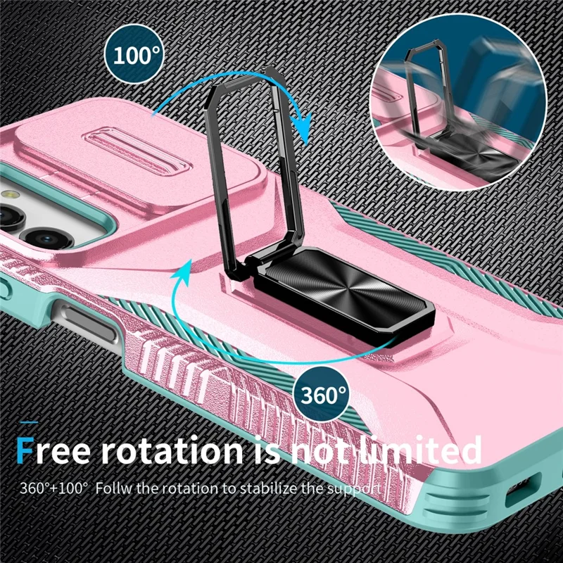 For Samsung Galaxy A15 4G Phone Case PC TPU Dual Layer Shockproof Cover Slide Lens Protection - Pink+Cyan