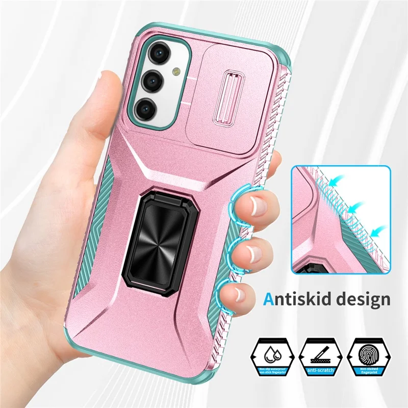 For Samsung Galaxy A15 4G Phone Case PC TPU Dual Layer Shockproof Cover Slide Lens Protection - Pink+Cyan