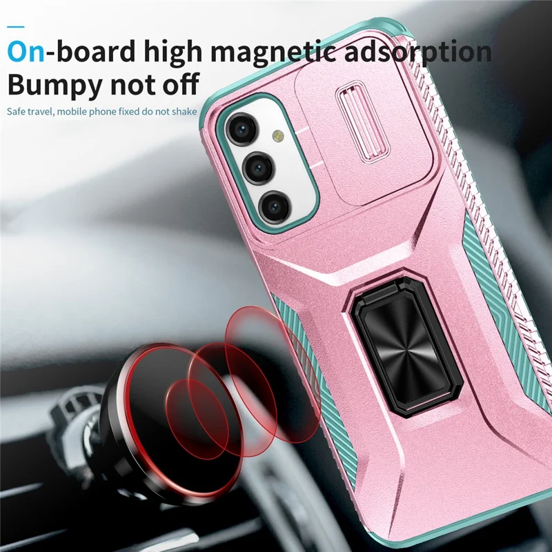 For Samsung Galaxy A15 4G Phone Case PC TPU Dual Layer Shockproof Cover Slide Lens Protection - Pink+Cyan