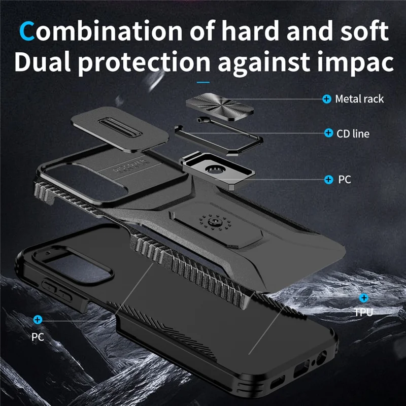 For Samsung Galaxy A15 4G Phone Case PC TPU Dual Layer Shockproof Cover Slide Lens Protection - Black