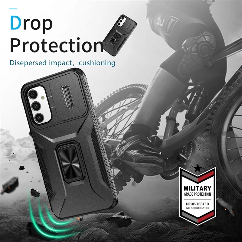 For Samsung Galaxy A15 4G Phone Case PC TPU Dual Layer Shockproof Cover Slide Lens Protection - Black