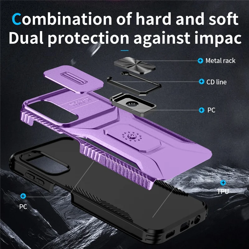 For Samsung Galaxy A15 4G Phone Case PC TPU Dual Layer Shockproof Cover Slide Lens Protection - Purple