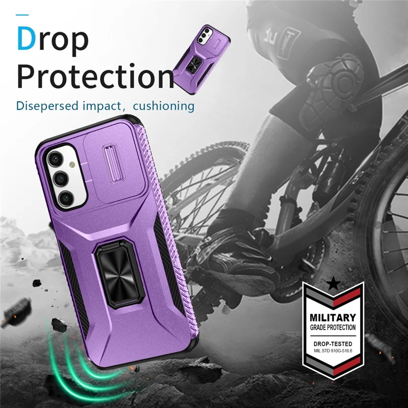 For Samsung Galaxy A15 4G Phone Case PC TPU Dual Layer Shockproof Cover Slide Lens Protection - Purple