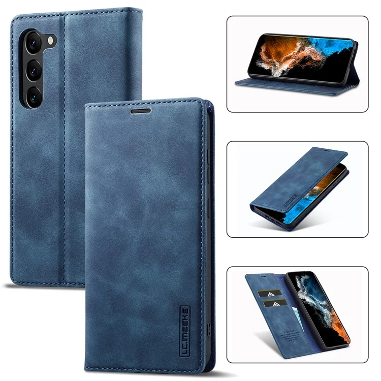 LC.IMEEKE For Samsung Galaxy S24 Case Microfiber Leather Folio Stand View Phone Cover - Blue
