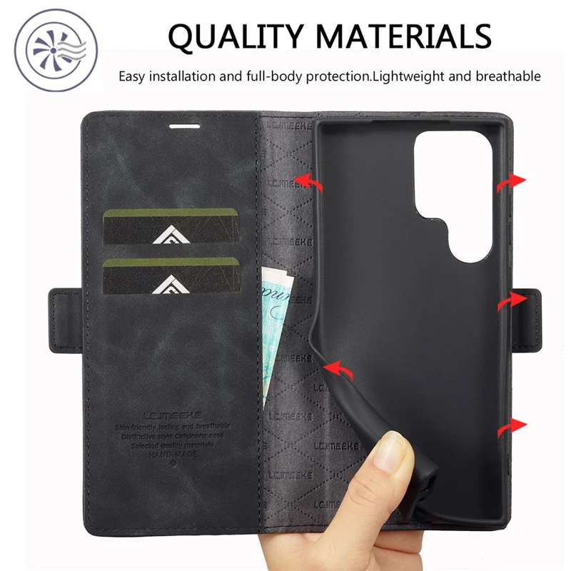 LC.IMEEKE For Samsung Galaxy S24 Ultra Case Magnetic Closure Microfiber Leather Phone Cover - Black