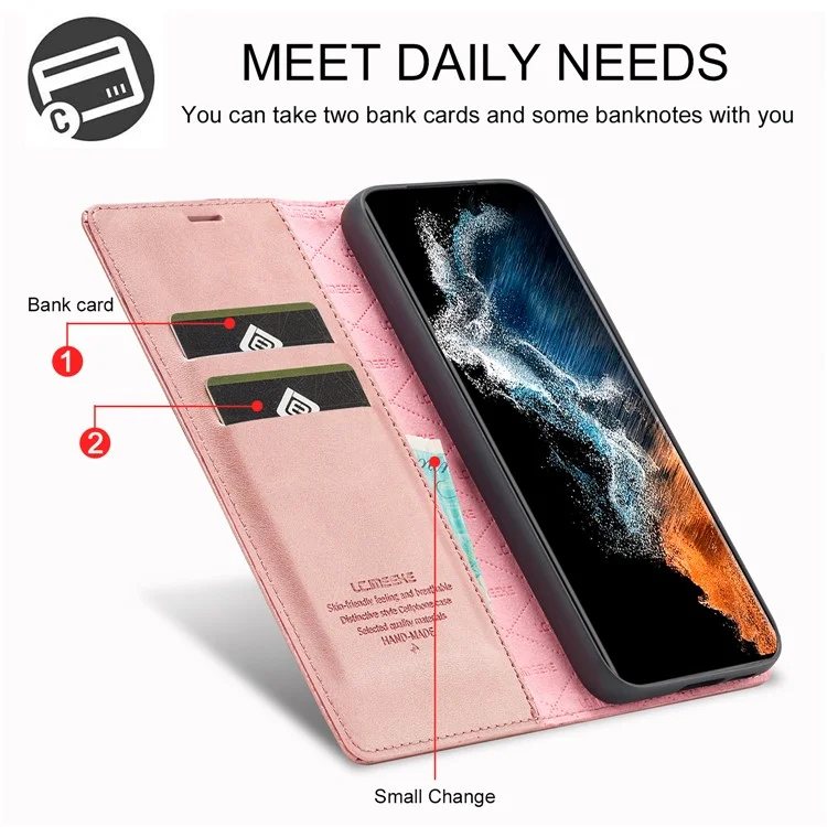 LC.IMEEKE For Samsung Galaxy S24+ Microfiber Leather Case Wallet Phone Cover Viewing Stand - Rose Gold