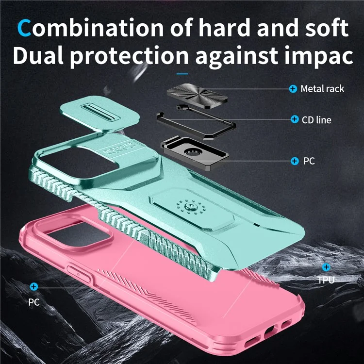 For iPhone 13 Pro Max Kicstand Phone Case with Camera Lens Cover Slider Dual Layer Protection - Cyan+Pink