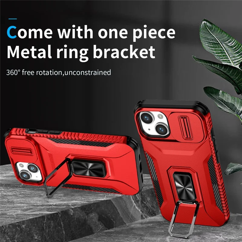 For iPhone 13 / 14 Case Slide Lens Protection Phone Cover Support Car Magnetic Mount - Red