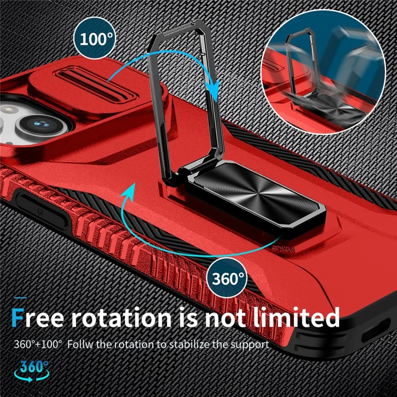 For iPhone 13 / 14 Case Slide Lens Protection Phone Cover Support Car Magnetic Mount - Red