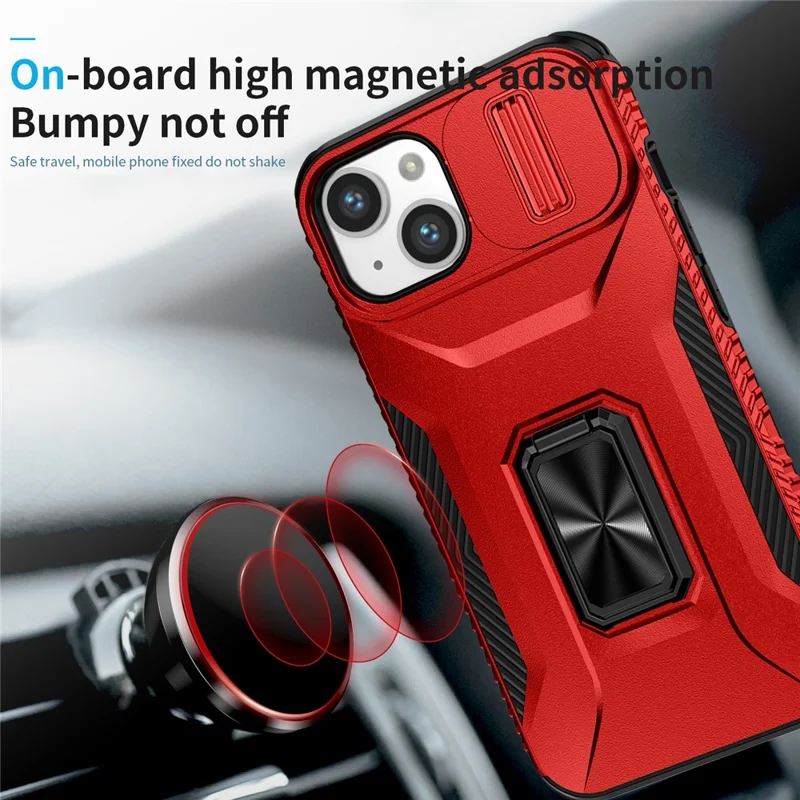 For iPhone 13 / 14 Case Slide Lens Protection Phone Cover Support Car Magnetic Mount - Red