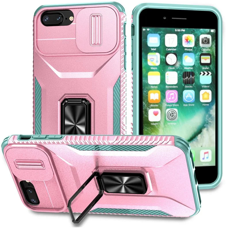 For iPhone 7 Plus / 8 Plus Case Hybrid TPU PC Phone Cover Rotating Kickstand Slide Camera Cover - Pink+Cyan