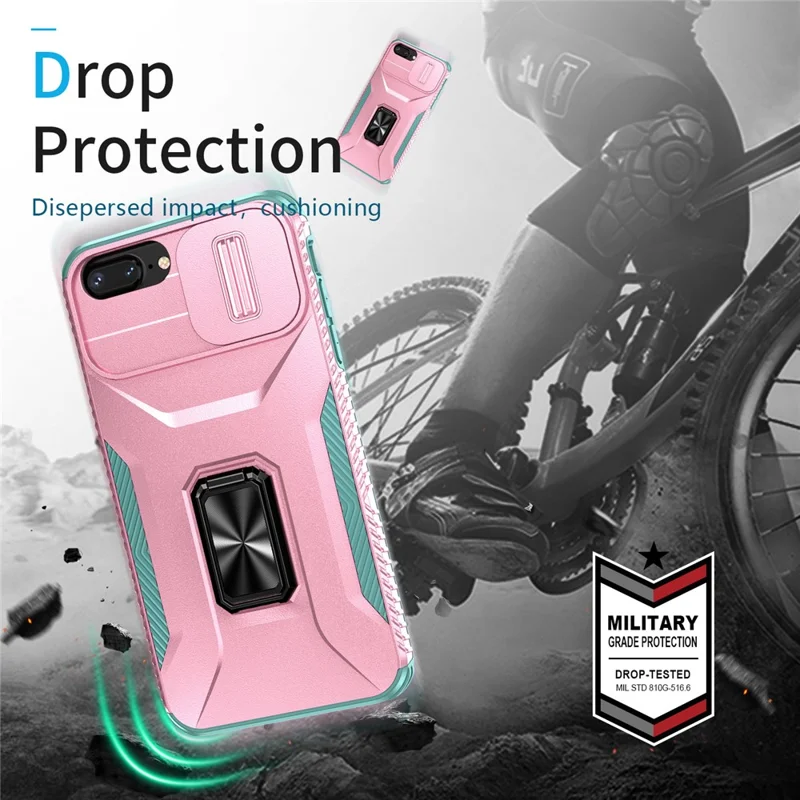 For iPhone 7 Plus / 8 Plus Case Hybrid TPU PC Phone Cover Rotating Kickstand Slide Camera Cover - Pink+Cyan