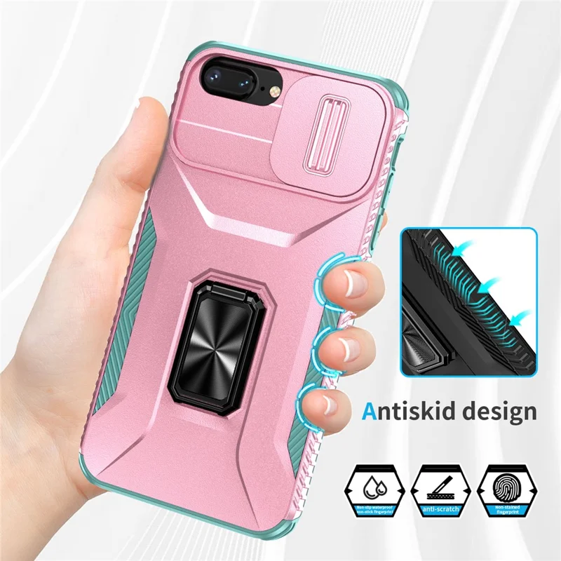 For iPhone 7 Plus / 8 Plus Case Hybrid TPU PC Phone Cover Rotating Kickstand Slide Camera Cover - Pink+Cyan