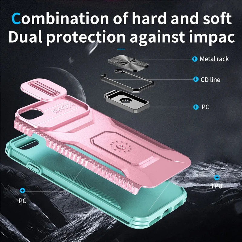 For iPhone 7 Plus / 8 Plus Case Hybrid TPU PC Phone Cover Rotating Kickstand Slide Camera Cover - Pink+Cyan