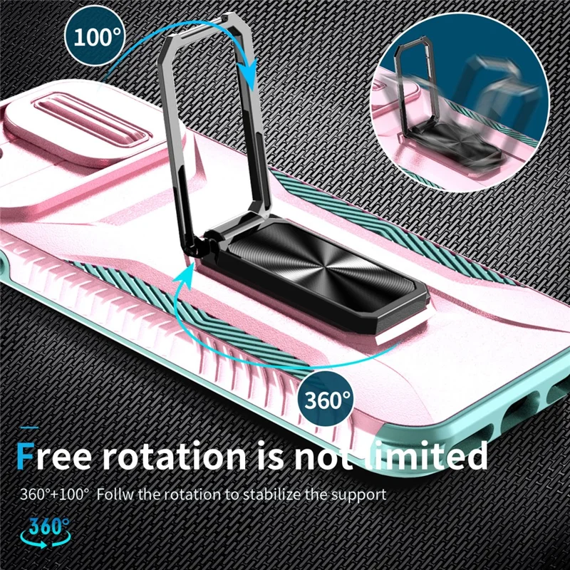 For iPhone 7 Plus / 8 Plus Case Hybrid TPU PC Phone Cover Rotating Kickstand Slide Camera Cover - Pink+Cyan