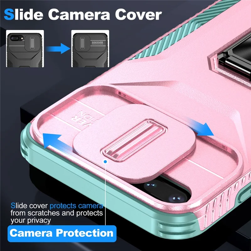 For iPhone 7 Plus / 8 Plus Case Hybrid TPU PC Phone Cover Rotating Kickstand Slide Camera Cover - Pink+Cyan