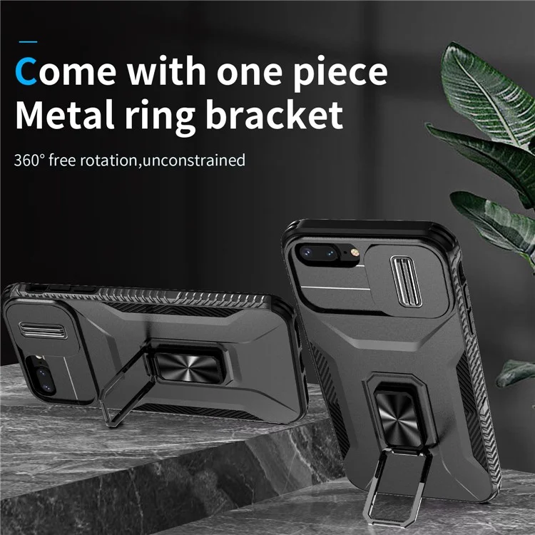 For iPhone 7 Plus / 8 Plus Case Hybrid TPU PC Phone Cover Rotating Kickstand Slide Camera Cover - Black