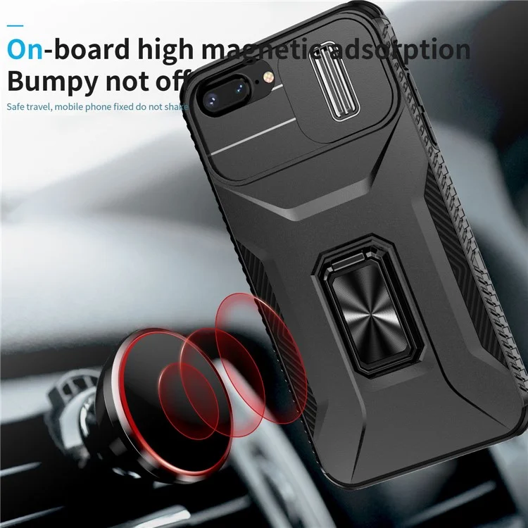 For iPhone 7 Plus / 8 Plus Case Hybrid TPU PC Phone Cover Rotating Kickstand Slide Camera Cover - Black
