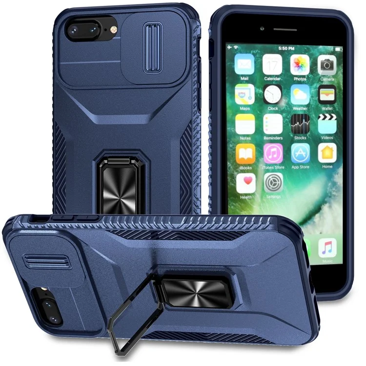 For iPhone 7 Plus / 8 Plus Case Hybrid TPU PC Phone Cover Rotating Kickstand Slide Camera Cover - Blue