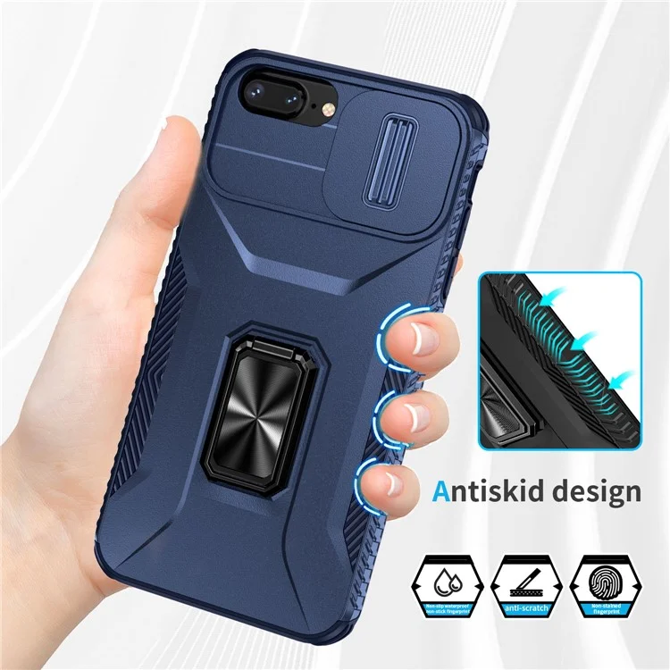 For iPhone 7 Plus / 8 Plus Case Hybrid TPU PC Phone Cover Rotating Kickstand Slide Camera Cover - Blue