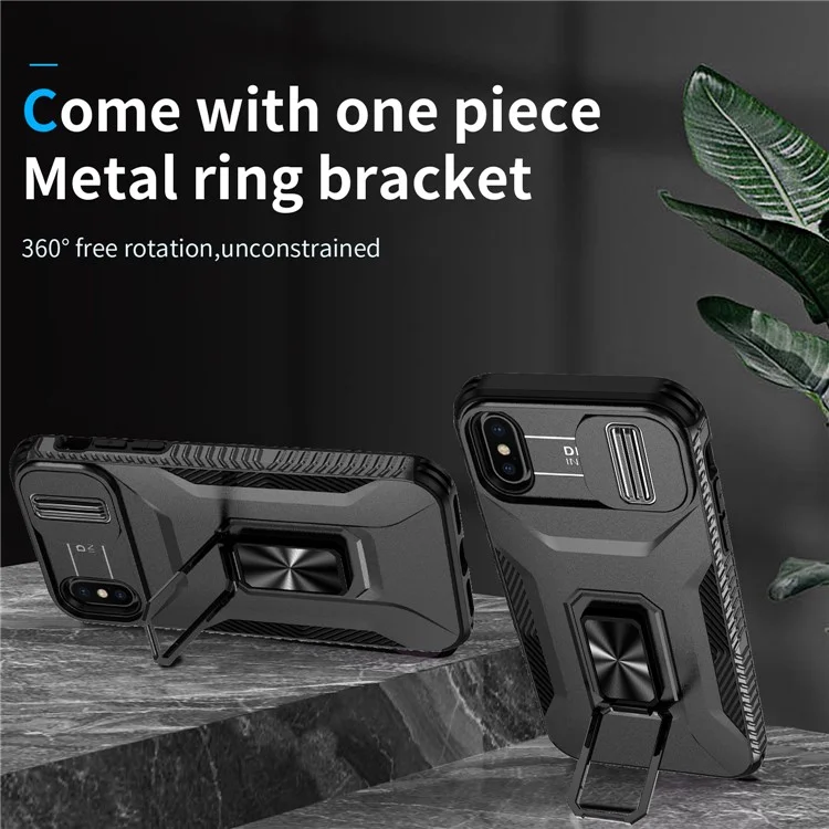 For iPhone X / XS Case with Camera Cover Slider, PC+TPU Armour Phone Shell - Black