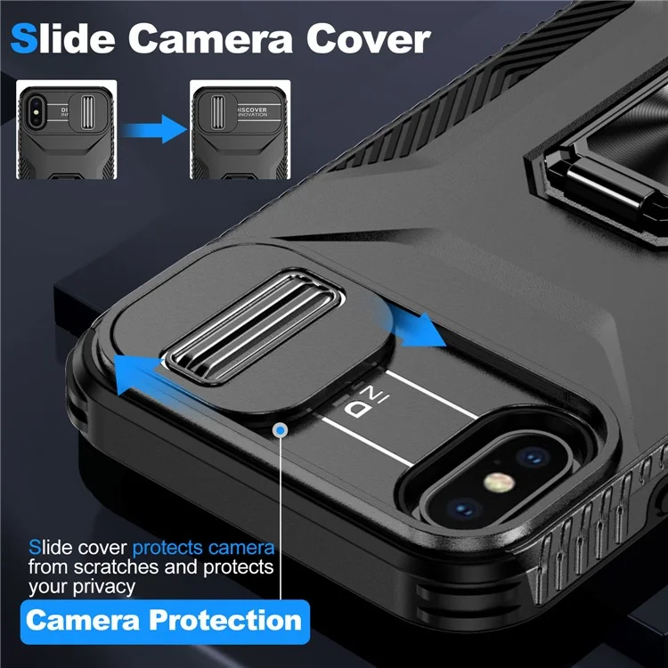For iPhone X / XS Case with Camera Cover Slider, PC+TPU Armour Phone Shell - Black