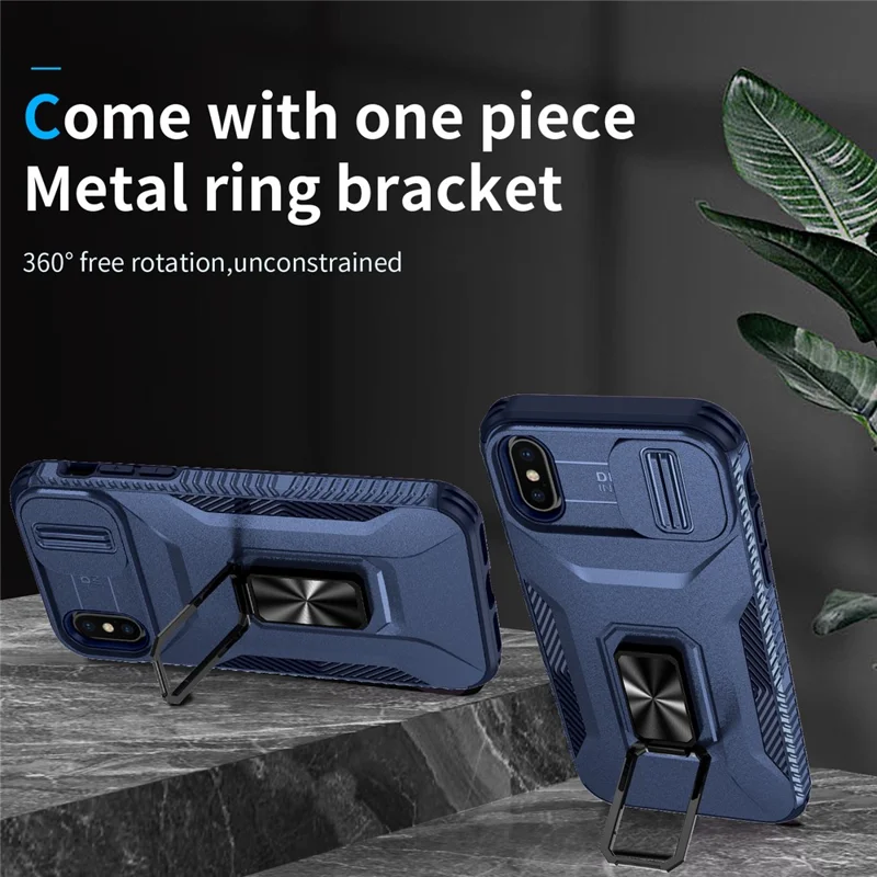 For iPhone X / XS Case with Camera Cover Slider, PC+TPU Armour Phone Shell - Blue