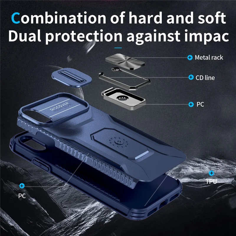 For iPhone X / XS Case with Camera Cover Slider, PC+TPU Armour Phone Shell - Blue