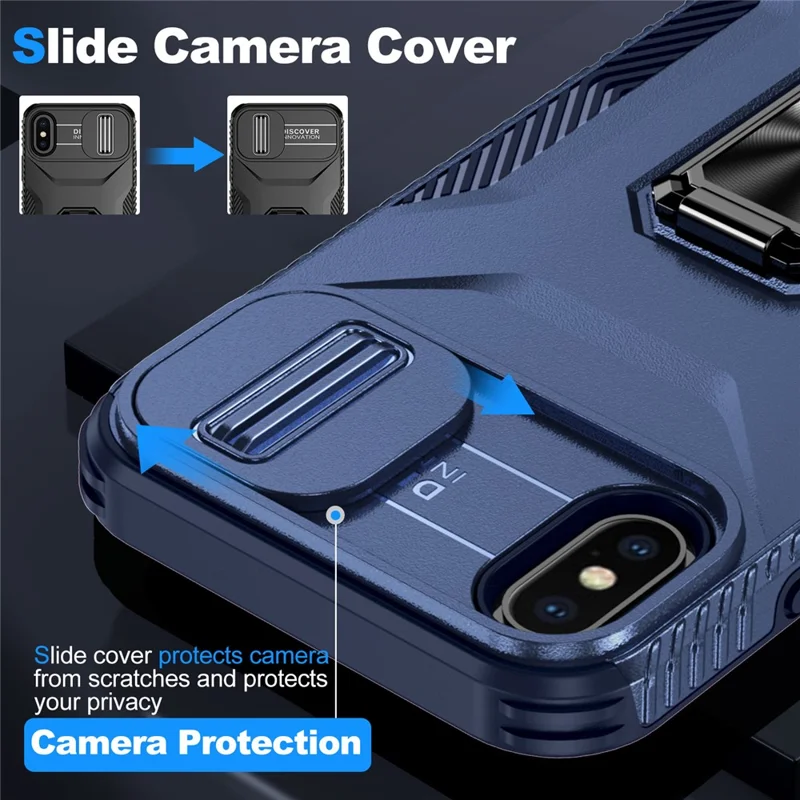 For iPhone X / XS Case with Camera Cover Slider, PC+TPU Armour Phone Shell - Blue