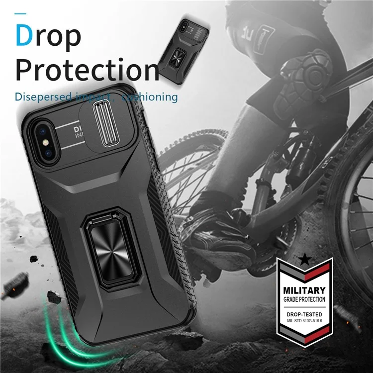 For iPhone XS Max Case with Camera Cover Kickstand Impact-Resistant Phone Protector - Black